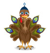 Turkey wearing a hat and peacock feathers