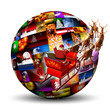 Weihnachtskugel, Weihnachtsmann, Rentierschlitten, Collage