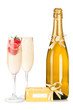 Two glasses and bottle of champagne with strawberry