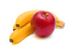 red apple and bananas on white background