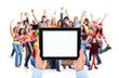 Tablet computer and group of happy people. Tablet computer and group of happy people.