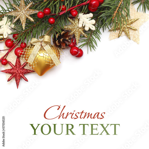 Photo: CChristmas background with gold Xmas decoration on white CChristmas background with gold Xmas decoration on white