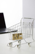 Foto: Credit card in miniature shopping cart, laptop computer in background Credit card in miniature shopping cart, laptop computer in background