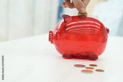 Photo: Person putting change in piggy bank, cropped Person putting change in piggy bank, cropped