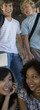 Two young female friends talking while two young men stand behind them