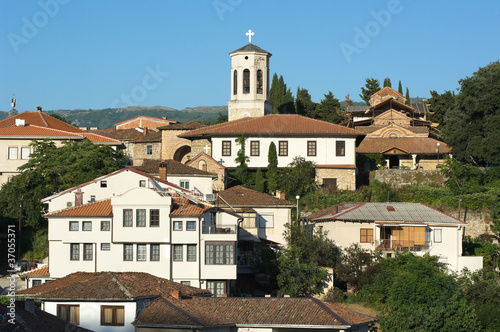 the belltower of Church St. Bogorodica Perivlepta or Saint Clemens dominates old Ohrid, Republic of Macedonia