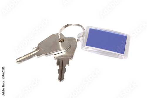Photo: Key ring with two keys isolated over white background Key ring with two keys isolated over white background