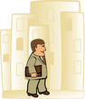 cute important cartoon businessman going to work in city