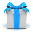 Illustration: Gift box with blue ribbon bow on white background Gift box with blue ribbon bow on white background