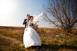 married couple hugging in field near lonely tree