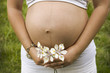 Pregnant woman showing her tummy and holding white flowers Pregnant woman showing her tummy and holding white flowers