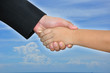 Business man hold boy hand Business man hold boy hand