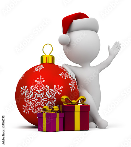 Illustration: 3d small people - Santa with gifts and a Christmas ball 3d small people - Santa with gifts and a Christmas ball
