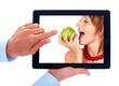 Tablet computer and woman with apple Tablet computer and woman with apple
