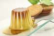 creme caramel on a desert dish