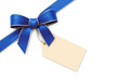 Blue silk corner ribbon with golden edges and tag