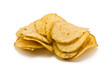 A bunch of potato chips on white.