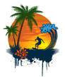 Vektor: Silhouette of palm and surfer on tropical sunset Silhouette of palm and surfer on tropical sunset