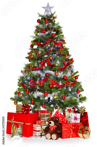 Photo: Christmas tree and presents isolated on white Christmas tree and presents isolated on white