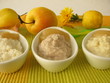 Schälchen mit Hirsebrei, Reisbrei und Dinkelbrei für Babys
