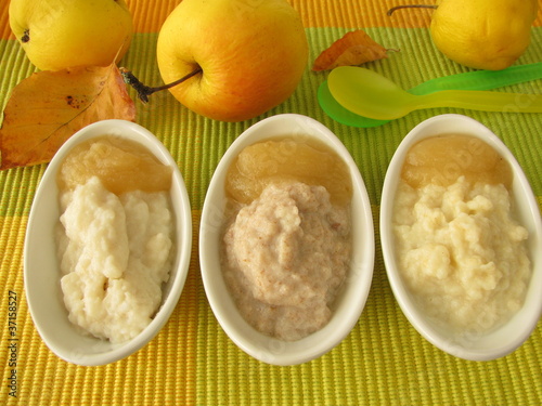 Foto: Schälchen mit Hirsebrei, Reisbrei und Dinkelbrei für Babys Schälchen mit Hirsebrei, Reisbrei und Dinkelbrei für Babys
