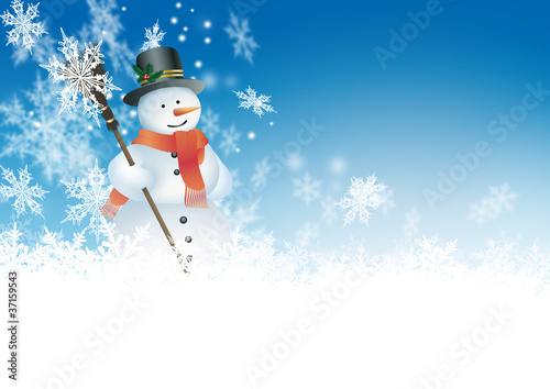 Illustration: Schneemann, blauer Himmel, Azurblau, Winter, Schneeflocken, Eis Schneemann, blauer Himmel, Azurblau, Winter, Schneeflocken, Eis