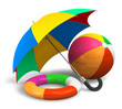 Photo: Beach items: color umbrella, ball and lifesaver belt Beach items: color umbrella, ball and lifesaver belt