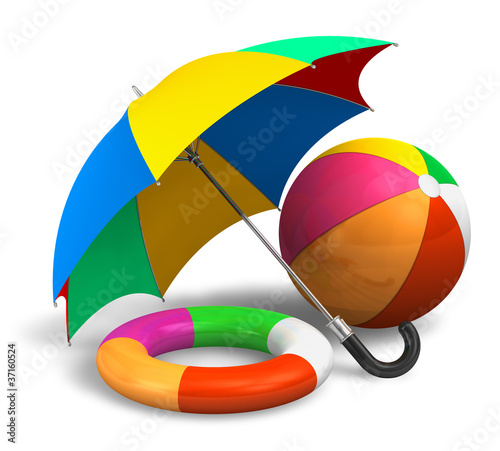Photo: Beach items: color umbrella, ball and lifesaver belt Beach items: color umbrella, ball and lifesaver belt