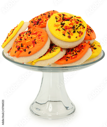 Photo: Fall Themed Sugar Cookies Stacked on Platter Fall Themed Sugar Cookies Stacked on Platter