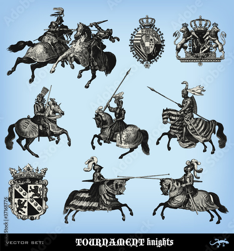 Vector: Engraving vintage knights tournament set. Engraving vintage knights tournament set.
