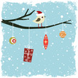 Winter card with bird, gift box and glass balls