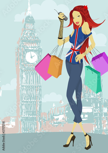 Vector: Ilustración de chica de compras en Londres Ilustración de chica de compras en Londres