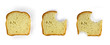 Three slices of bread: whole; bitten; bitten with 2 sides. isola