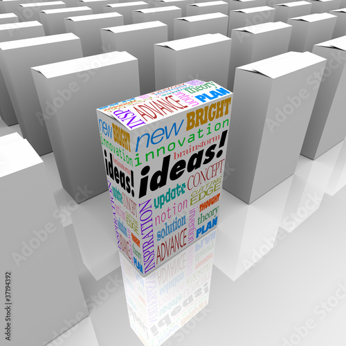 Illustration: Many Boxes of Ideas - One Different Product Box Stands Out Many Boxes of Ideas - One Different Product Box Stands Out