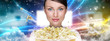 Portrait of young stylish modern woman  watching movie at modern