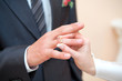 Newly-married couple on wedding dresses gold rings