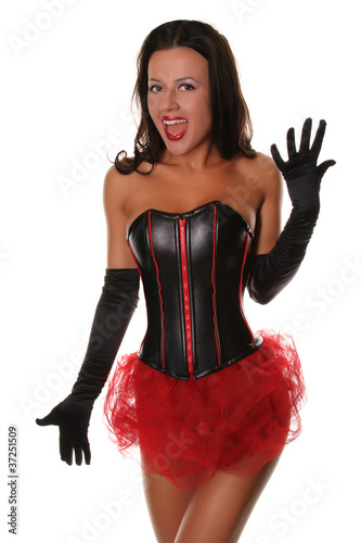 Photo: Sexy Happy Girl in Leather Corset and Red Mesh Skirt Flirting Sexy Happy Girl in Leather Corset and Red Mesh Skirt Flirting