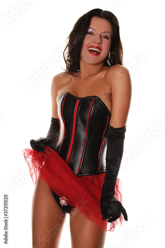 Photo: Sexy Happy Girl in Leather Corset and Red Mesh Skirt Flirting Sexy Happy Girl in Leather Corset and Red Mesh Skirt Flirting