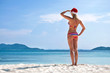 Young woman on the beach in santa's hat