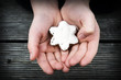 Foto: star-shaped cinnamon biscuit in childrens hand star-shaped cinnamon biscuit in childrens hand