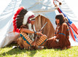 Group of North American Indians about a wigwam