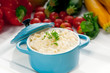 mac and cheese on a blue little clay pot