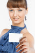Young beautiful girl shows a business card
