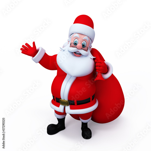 Illustration: Santa Claus with gift pointing to blank space Santa Claus with gift pointing to blank space