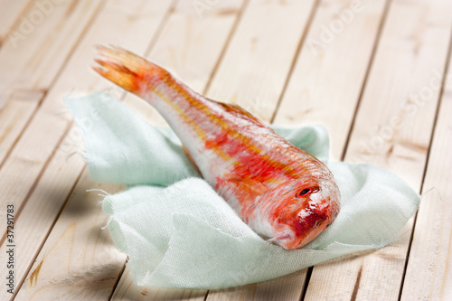 Photo: Fresh red mullet on wooden table Fresh red mullet on wooden table