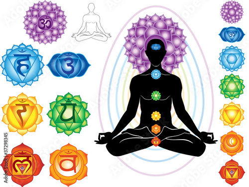 Vector: Silhouette of man with symbols of chakra Silhouette of man with symbols of chakra