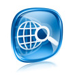 globe and magnifier icon blue glass, isolated on white backgroun