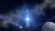 Space-time warp with blue star explosion in outer space
