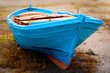 Old blue wooden boat on grassy sand