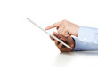 Human hands working on digital tablet with copy space